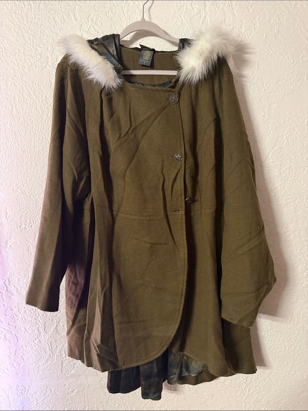 torrid Olive Green Hooded Outlander Coat with White Faux Fur Trim